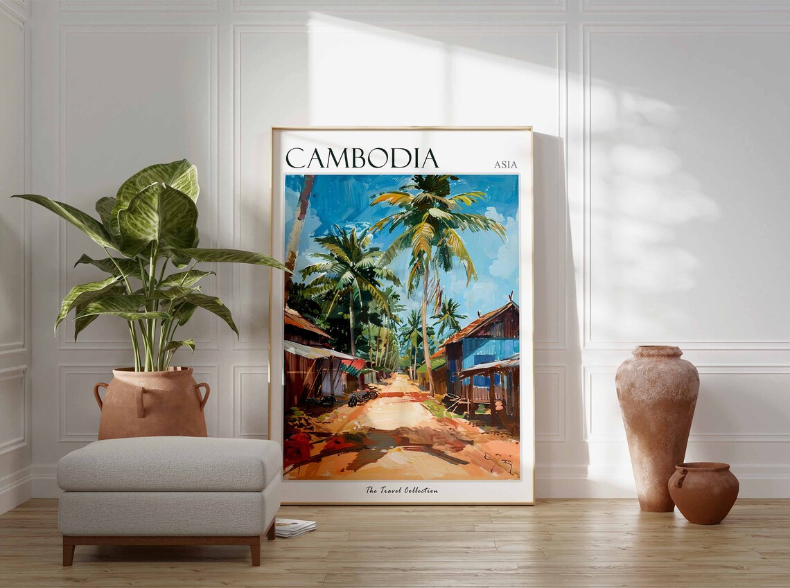 Cambodia Asia Village Dirt Street Stilt Houses Travel Poster - Image 2