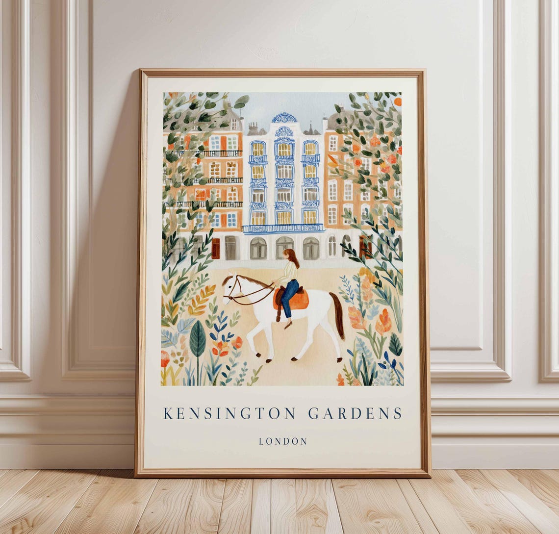 Kensington Gardens London Horse Rider Townhouse Illustrated Poster