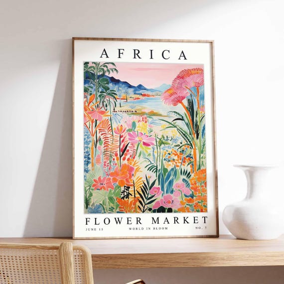 Africa Flower Market Poster Print African Street Scene Wall Art Colourful Botanical Decor Travel