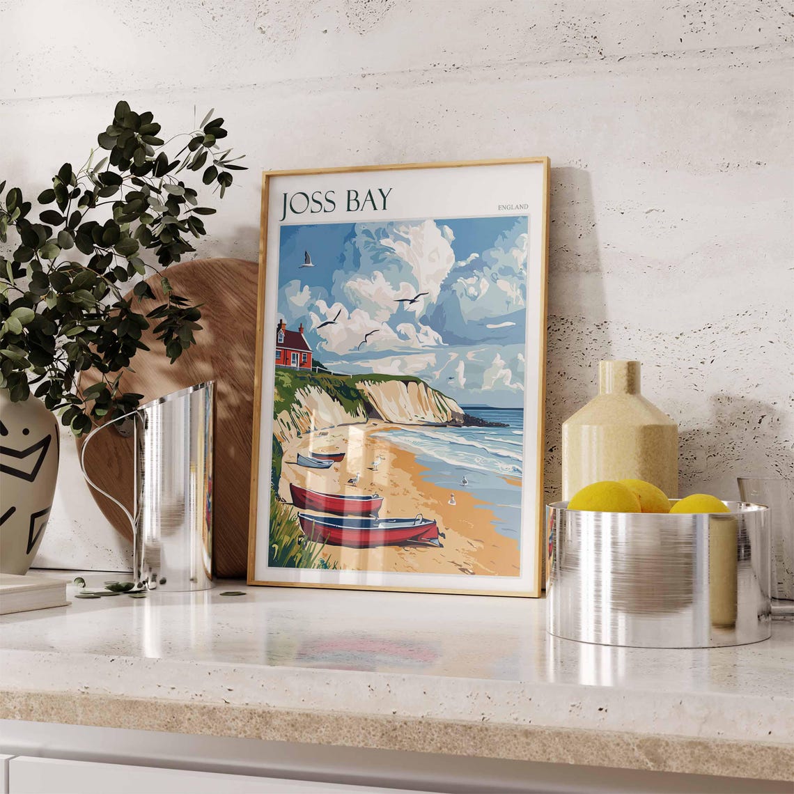 Joss Bay England Red Rowboats White Cliffs Seagulls Beach Poster - Image 2