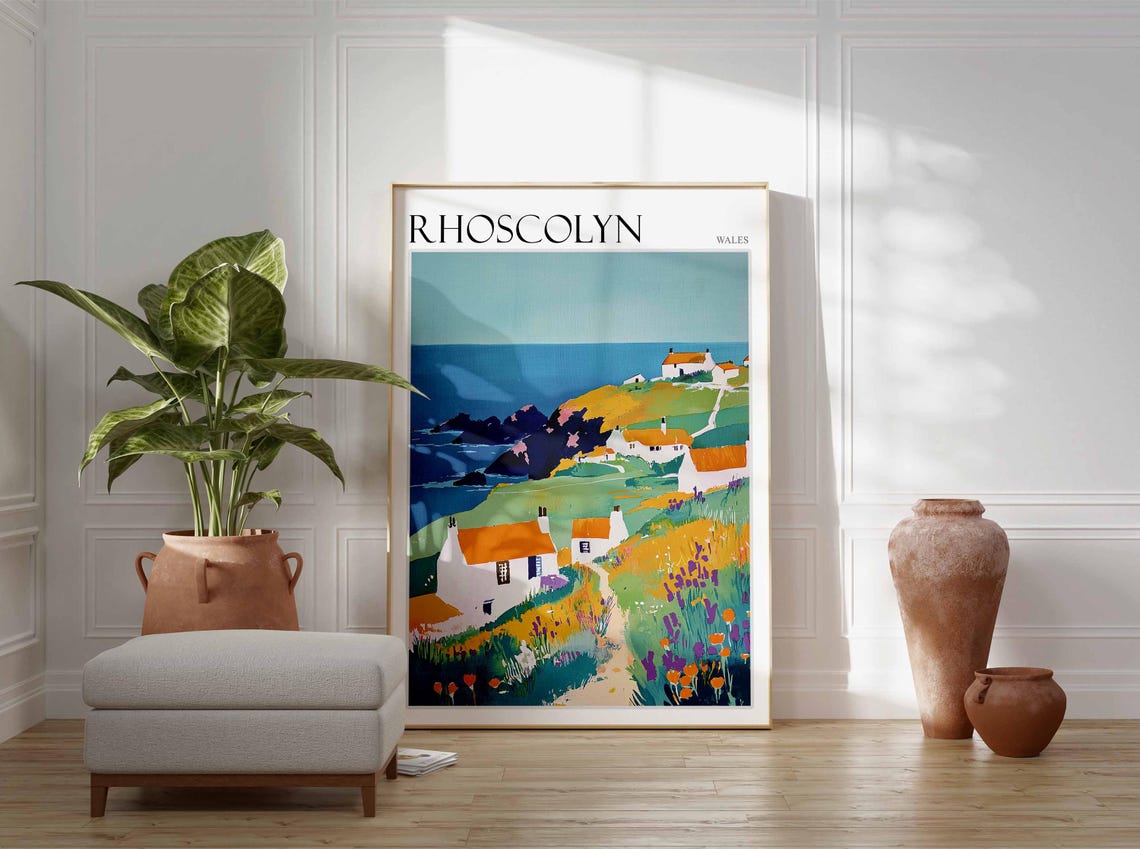 Rhoscolyn Wales White Cottages Green Hillside Flat Art Poster - Image 4