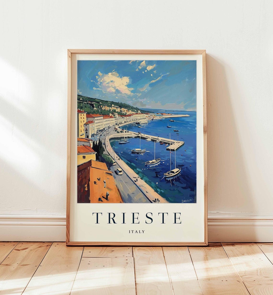 Trieste Italy Travel Poster Adriatic Coast Harbor With Sailboats