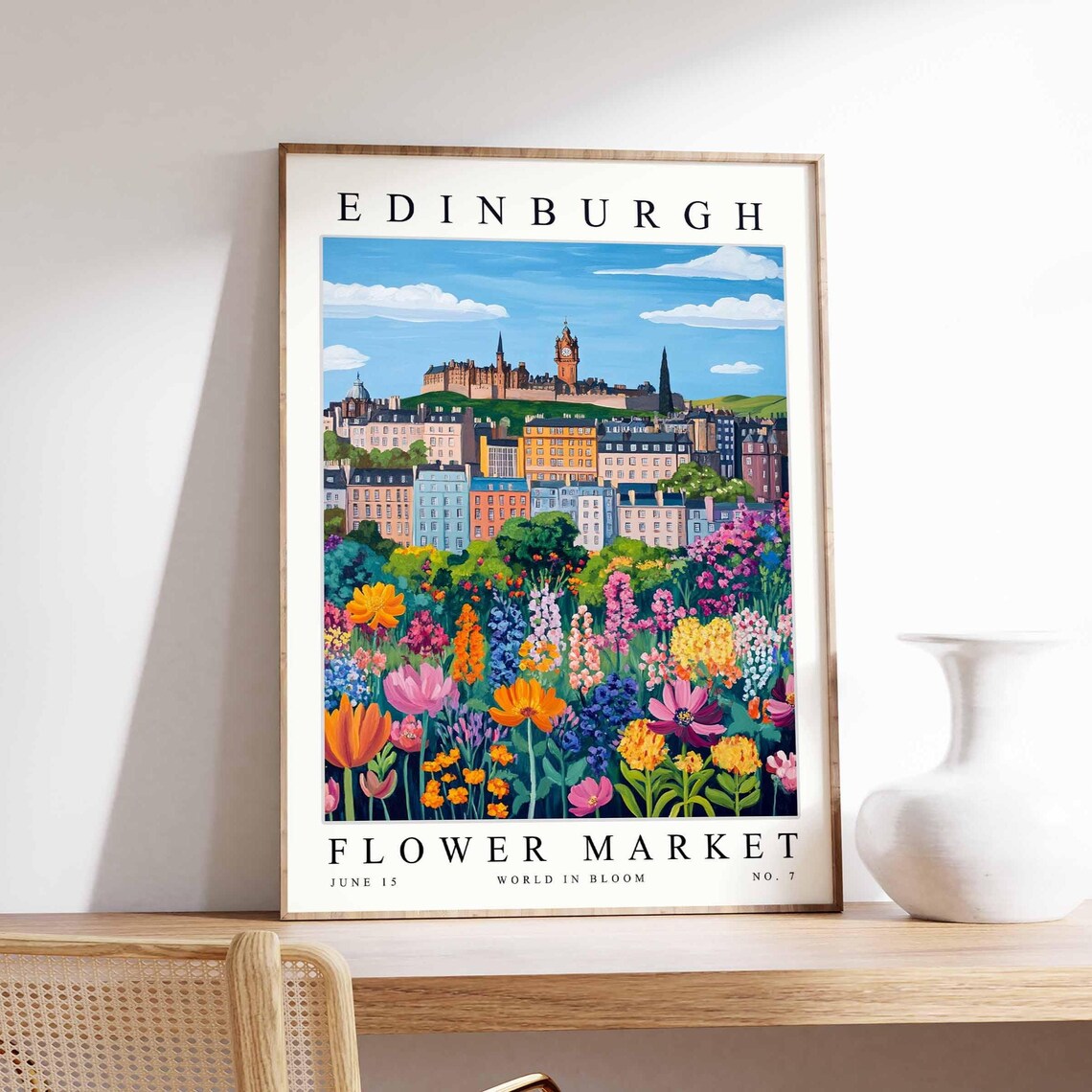 Edinburgh Flower Market Castle Town Bright Tulip Daisy Poster