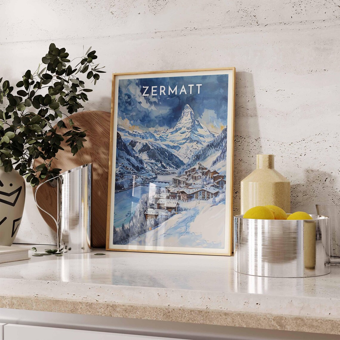 Zermatt Blue Watercolor Matterhorn Alpine Village Scene Poster - Image 2