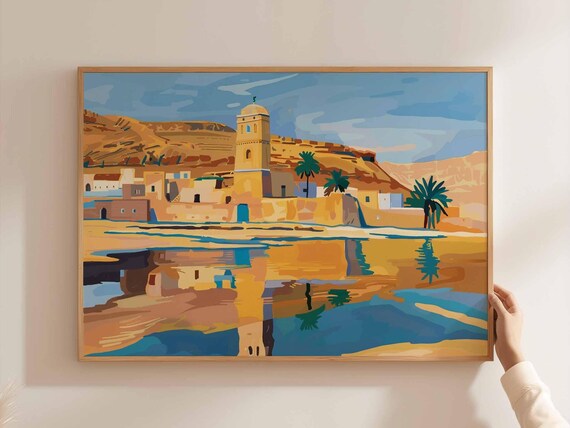 Algeria Desert Oasis Town Mosque Water Reflection Travel Poster