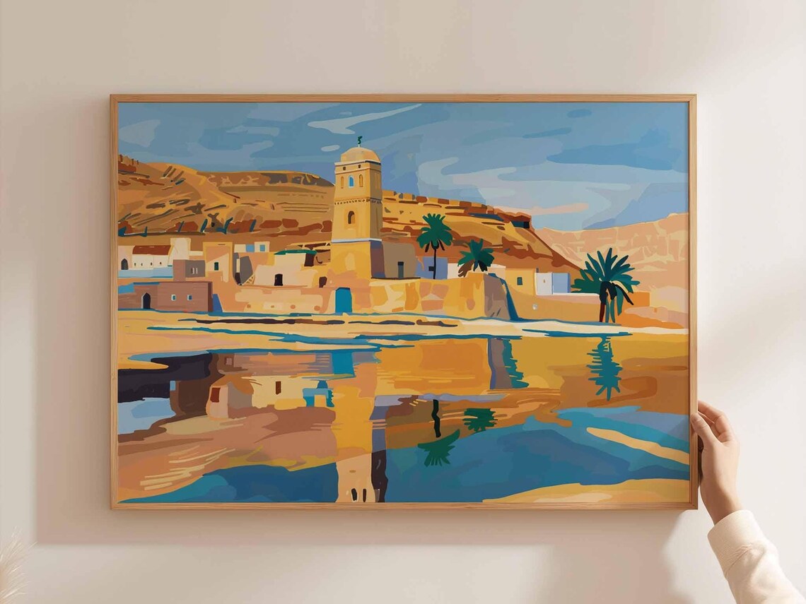 Algeria Desert Oasis Town Mosque Water Reflection Travel Poster