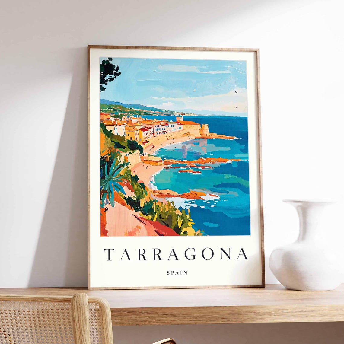 Tarragona Spain Vibrant Sunlit Harbor Coastline Scene Poster