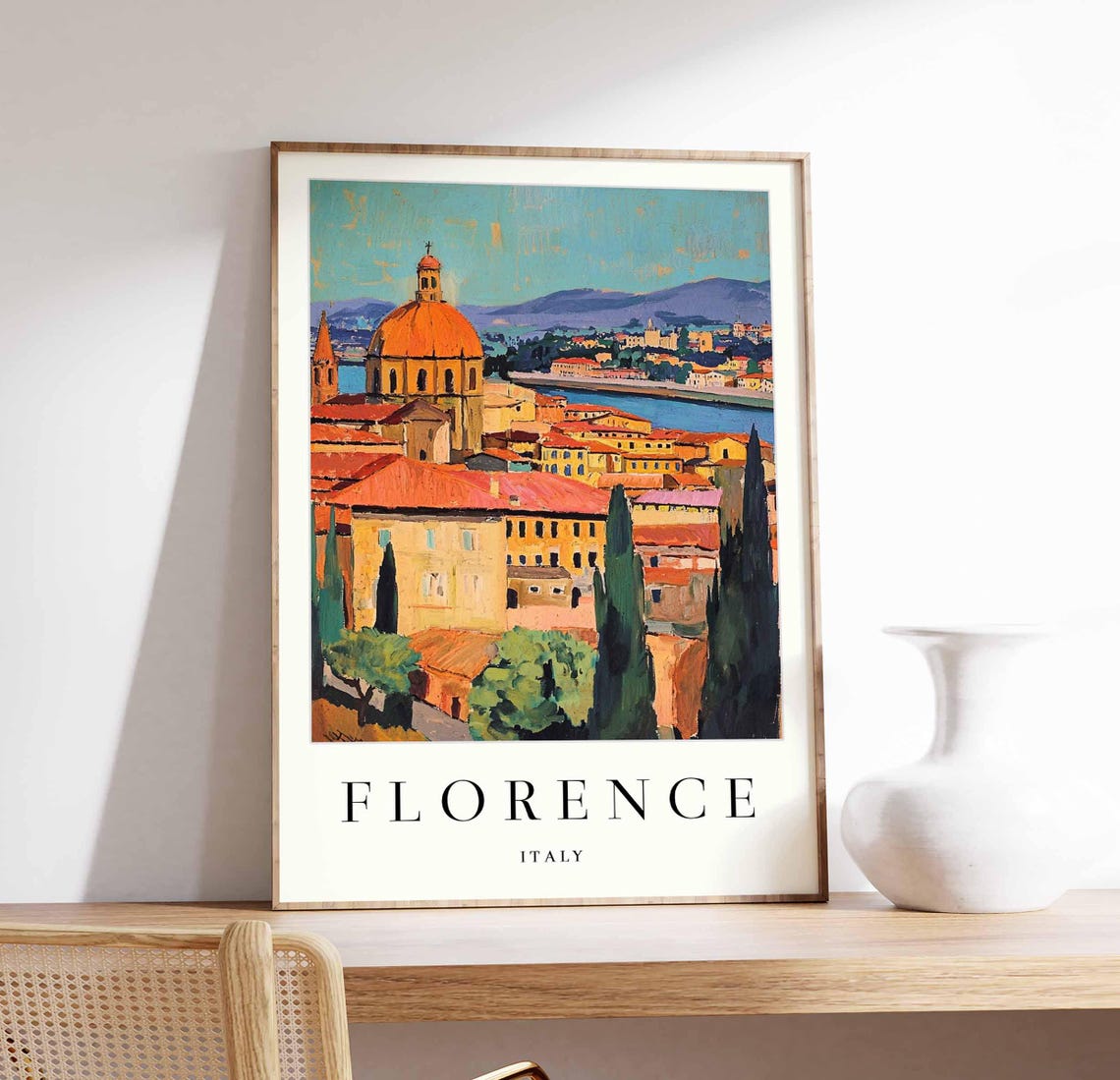 Florence Italy Golden Hour Cypress Painterly Dome View Travel Poster