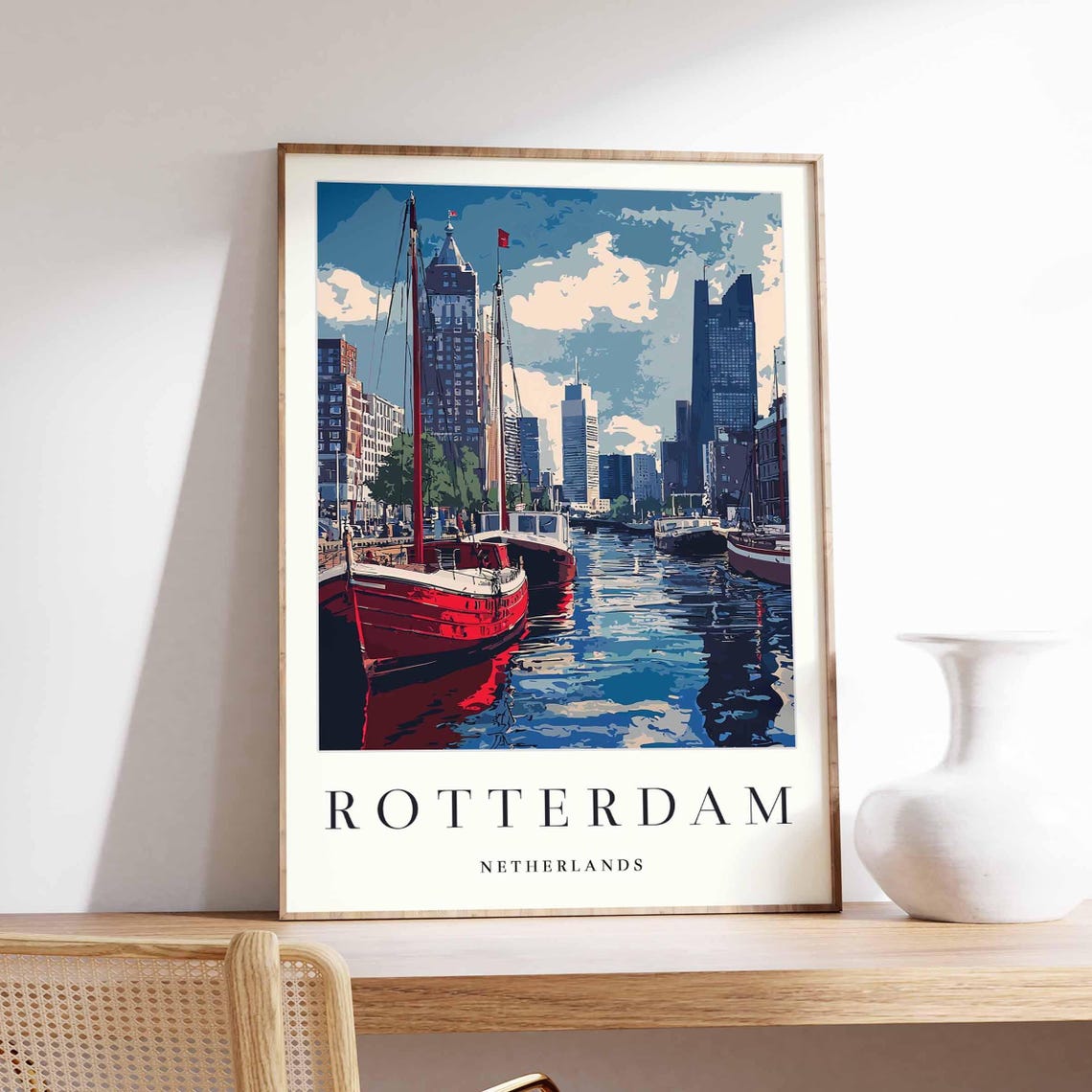 Rotterdam Netherlands Poster With Red Historic Sailboat And Towers