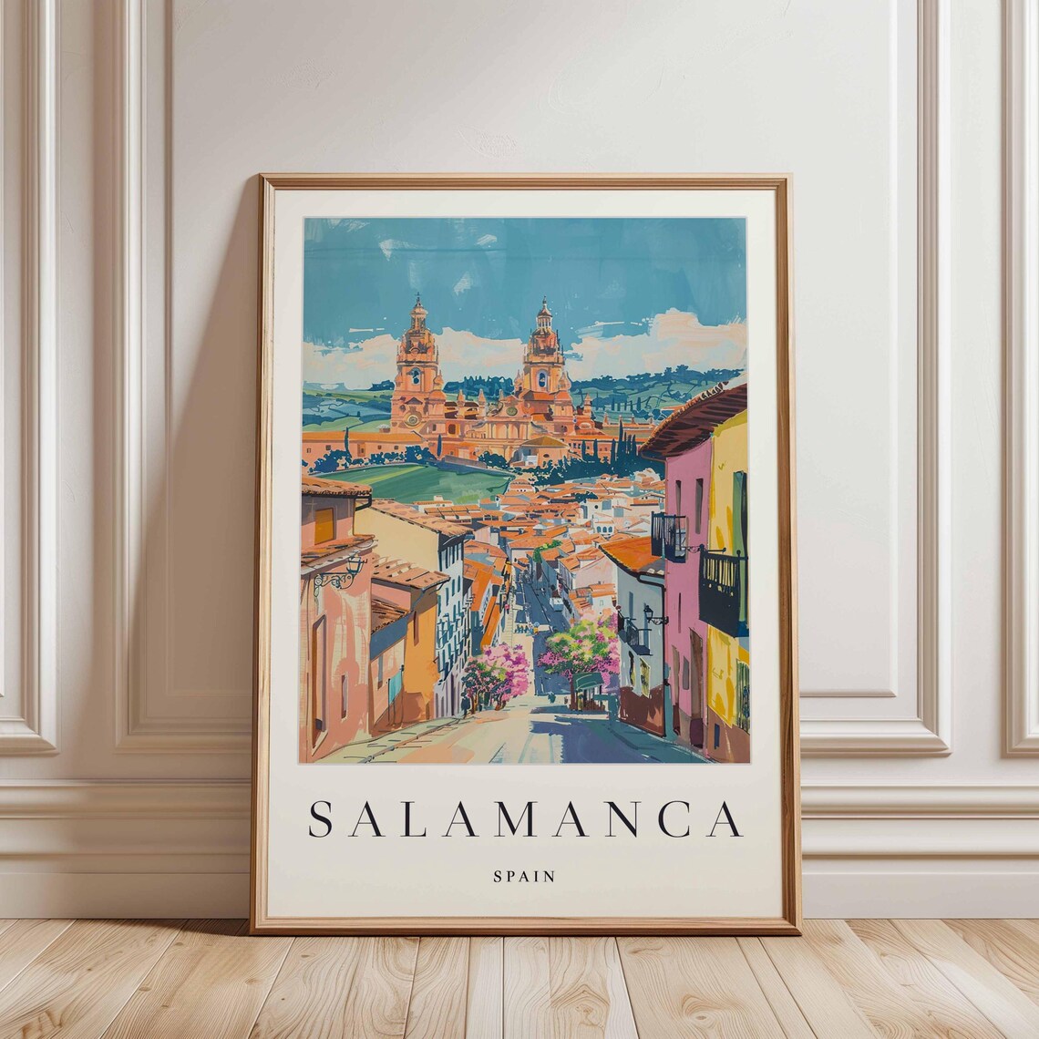 Salamanca Spain Colorful Street View with Twin Cathedral Towers Poster - Image 3