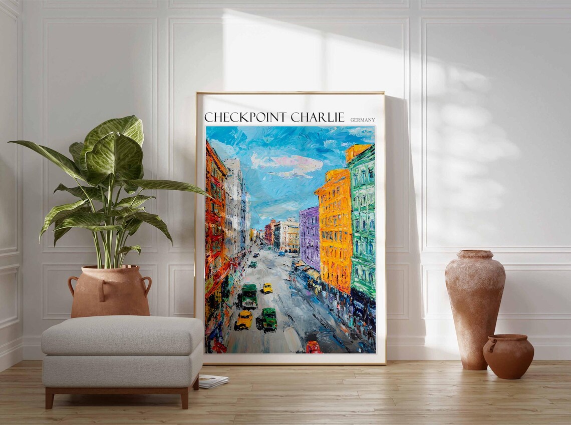 Checkpoint Charlie Berlin Busy Street Vintage Cars Oil Poster - Image 2
