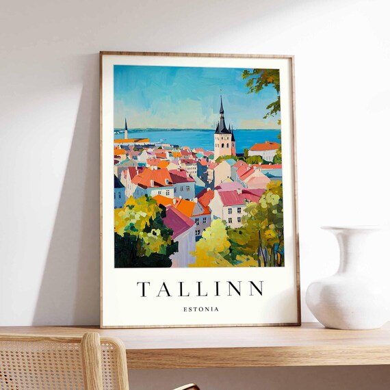 Tallinn Estonia Travel Poster Old Town Rooftops Sea View Scene
