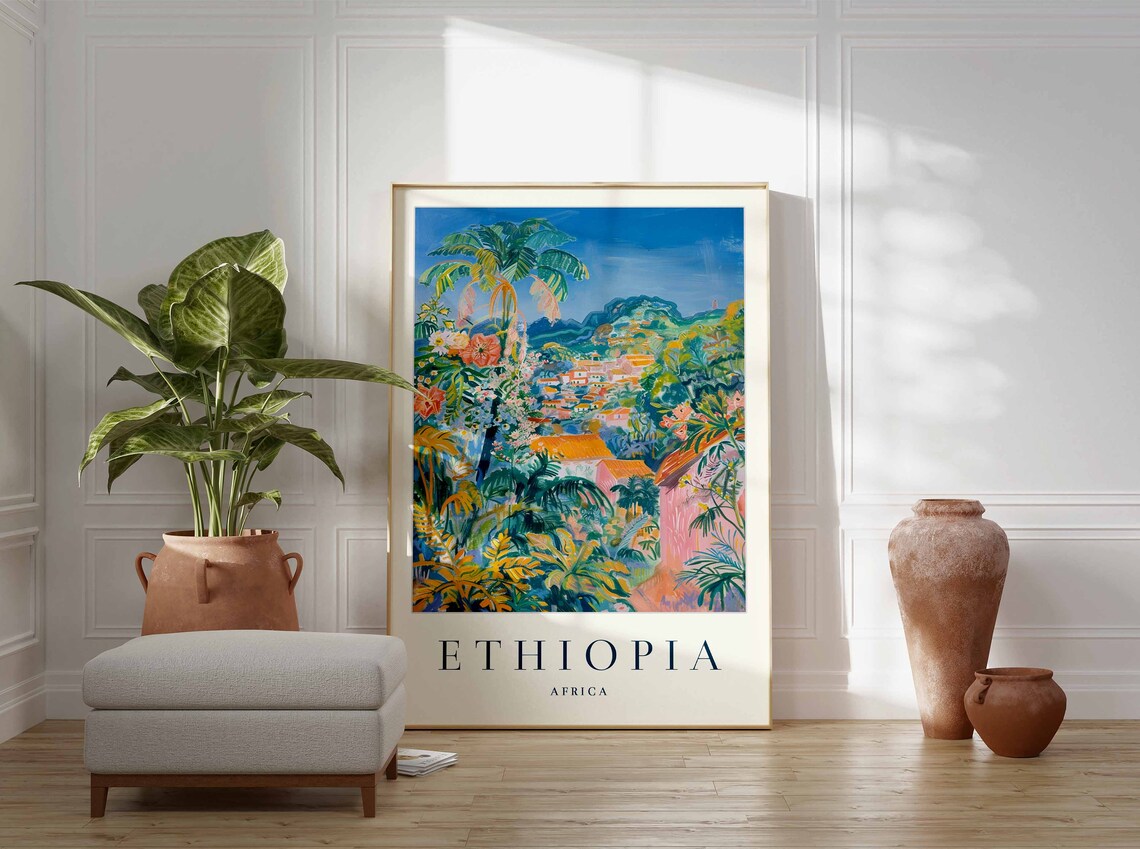 Ethiopia Africa Vibrant Lush Jungle Town Painted Travel Poster - Image 3