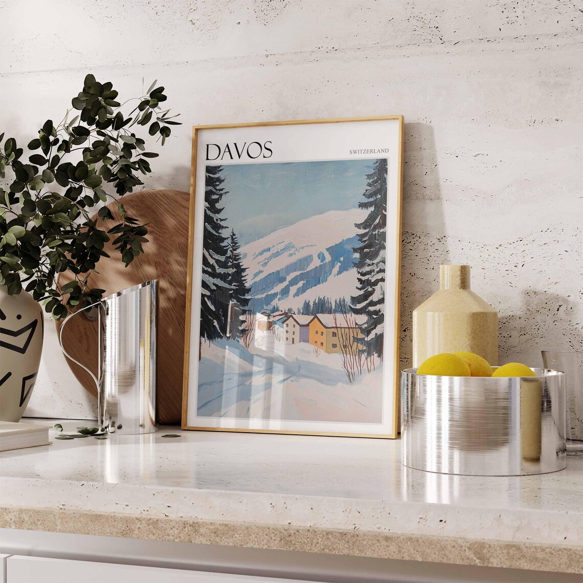 Davos Switzerland Snowy Road Through Pines Golden Cottages Art Poster - Image 2