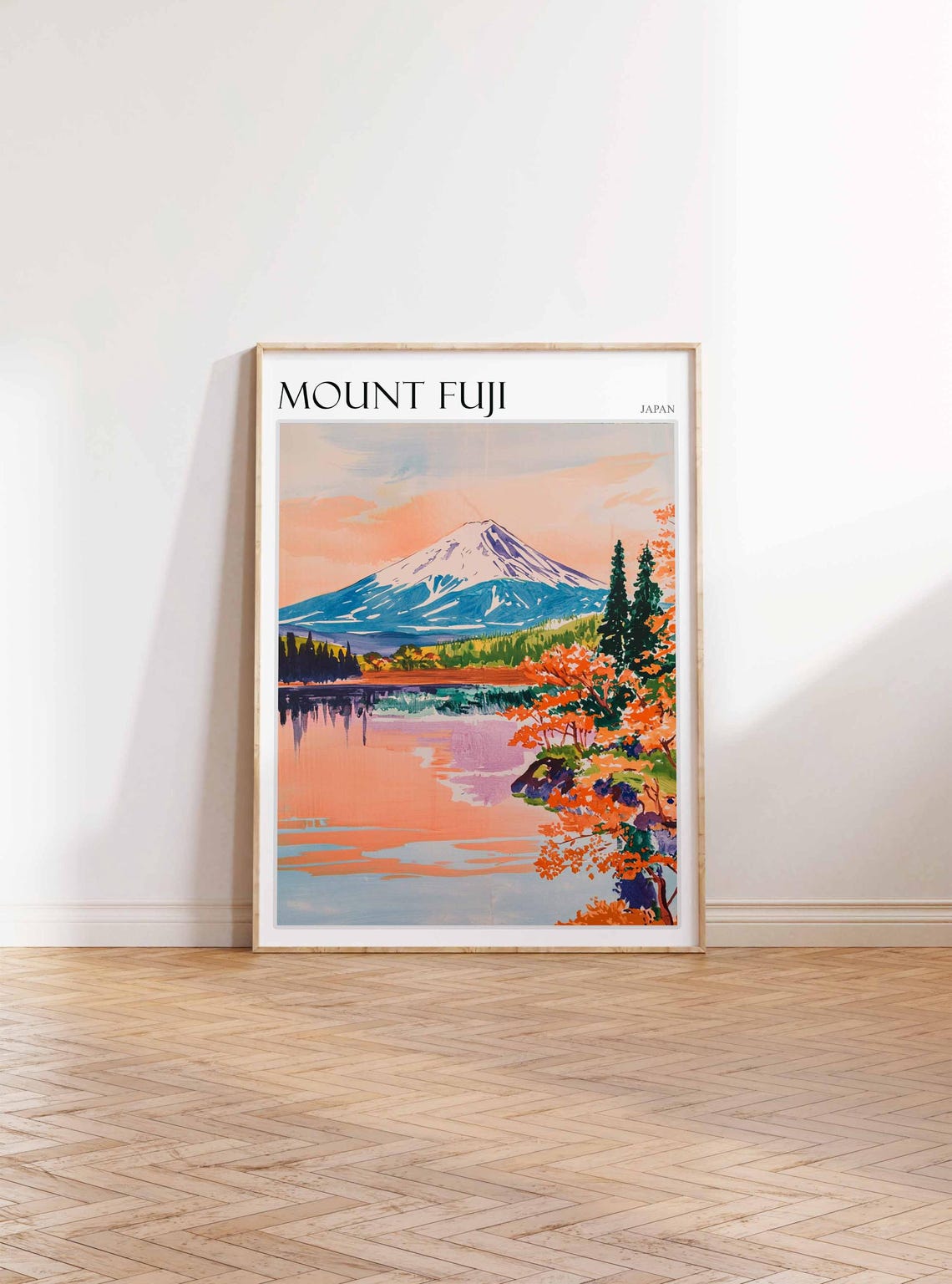 Mount Fuji Japan Lake Reflection Autumn Painted Travel Poster - Image 3