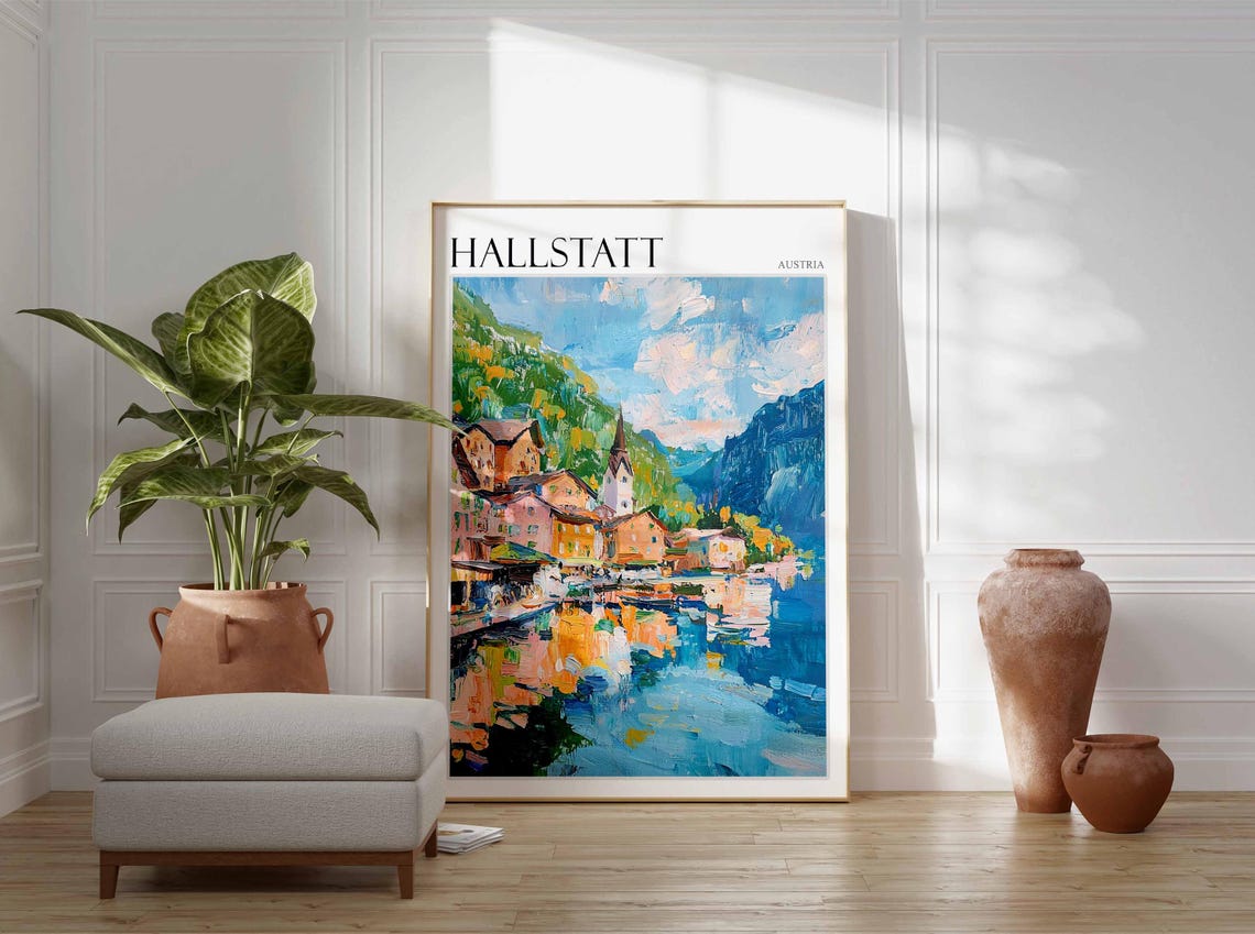Hallstatt Austria Lakeside Village Oil Painting Travel Poster - Image 3