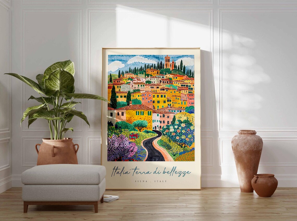 Siena Italy Pointillist Hill Town Winding Road Gardens Travel Poster - Image 3