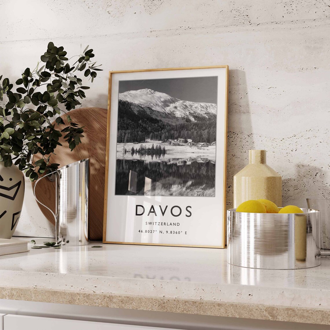 Davos Switzerland Snowy Mountain Lake Black White Travel Poster - Image 2