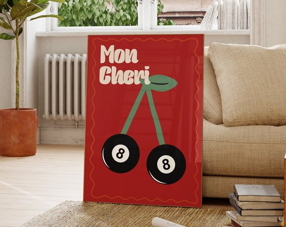 Vintage Cherry 8 Pool Ball Print Poster Retro Handdrawn Wall Art Trendy Bar Cart For Apartment