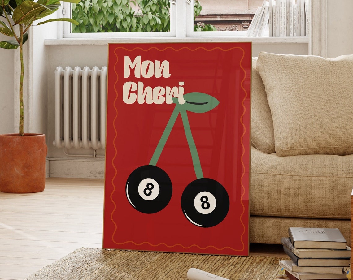 Mon Cheri Eight Ball Cherry Pair Bold Red Retro Pop Art Poster
