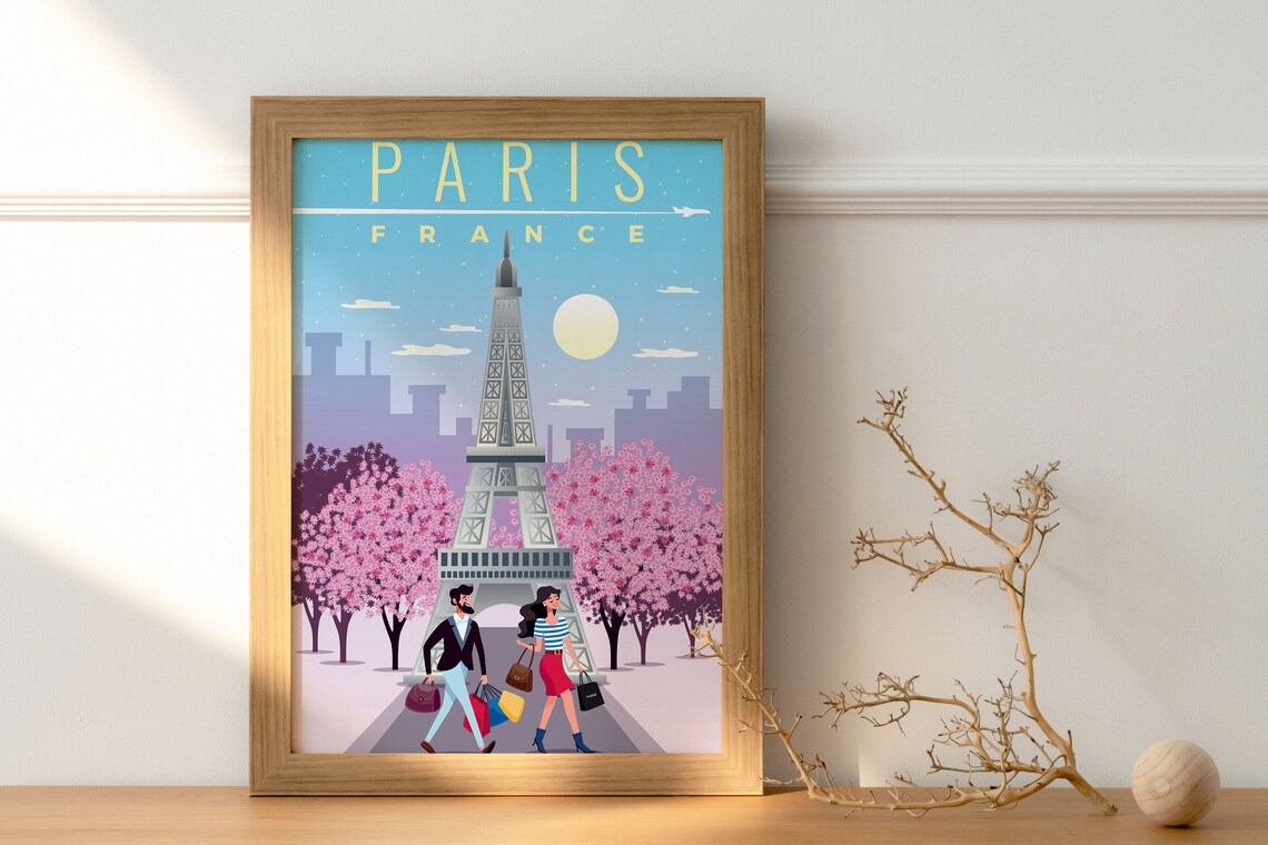 Paris France Eiffel Tower Cherry Blossom Vintage Travel Poster - Image 2