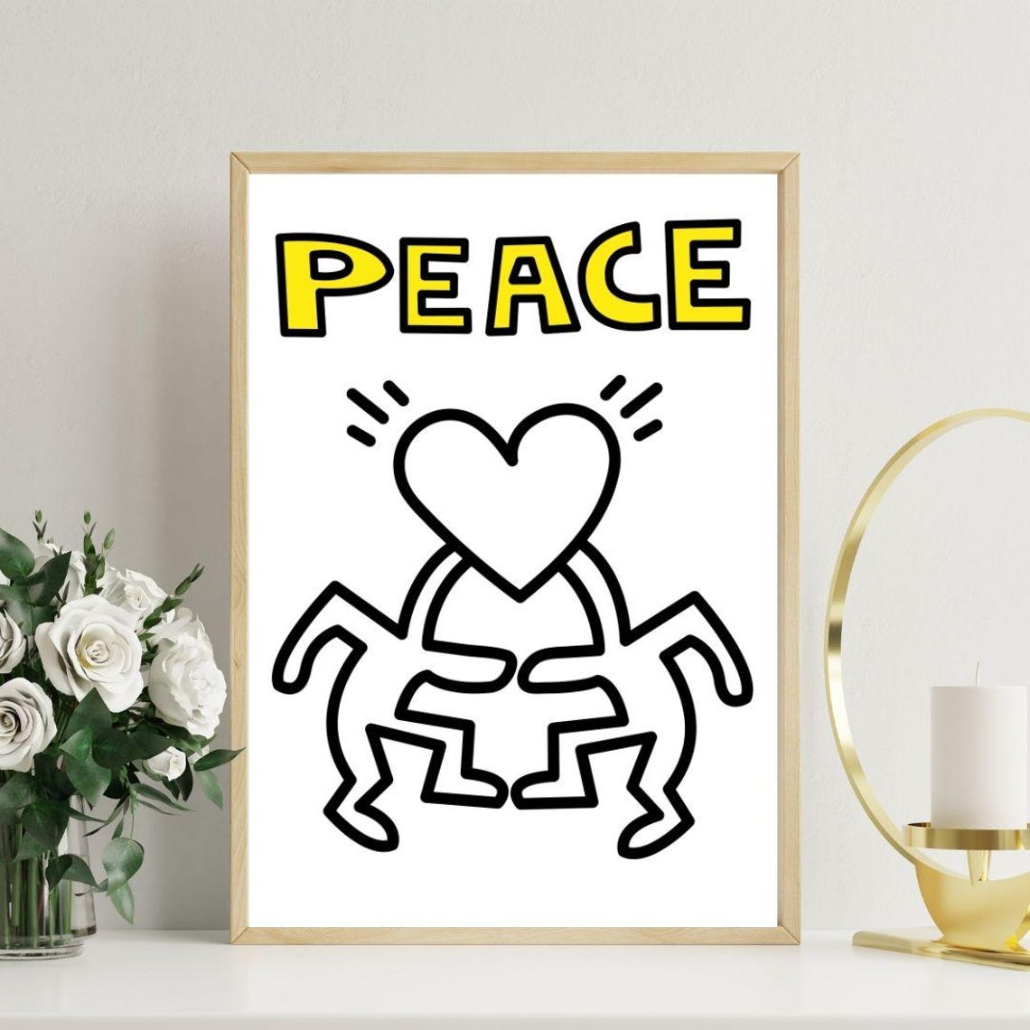 Keith Haring Style Peace Yellow Text Heart Uplifting Pop Art Poster - Image 3