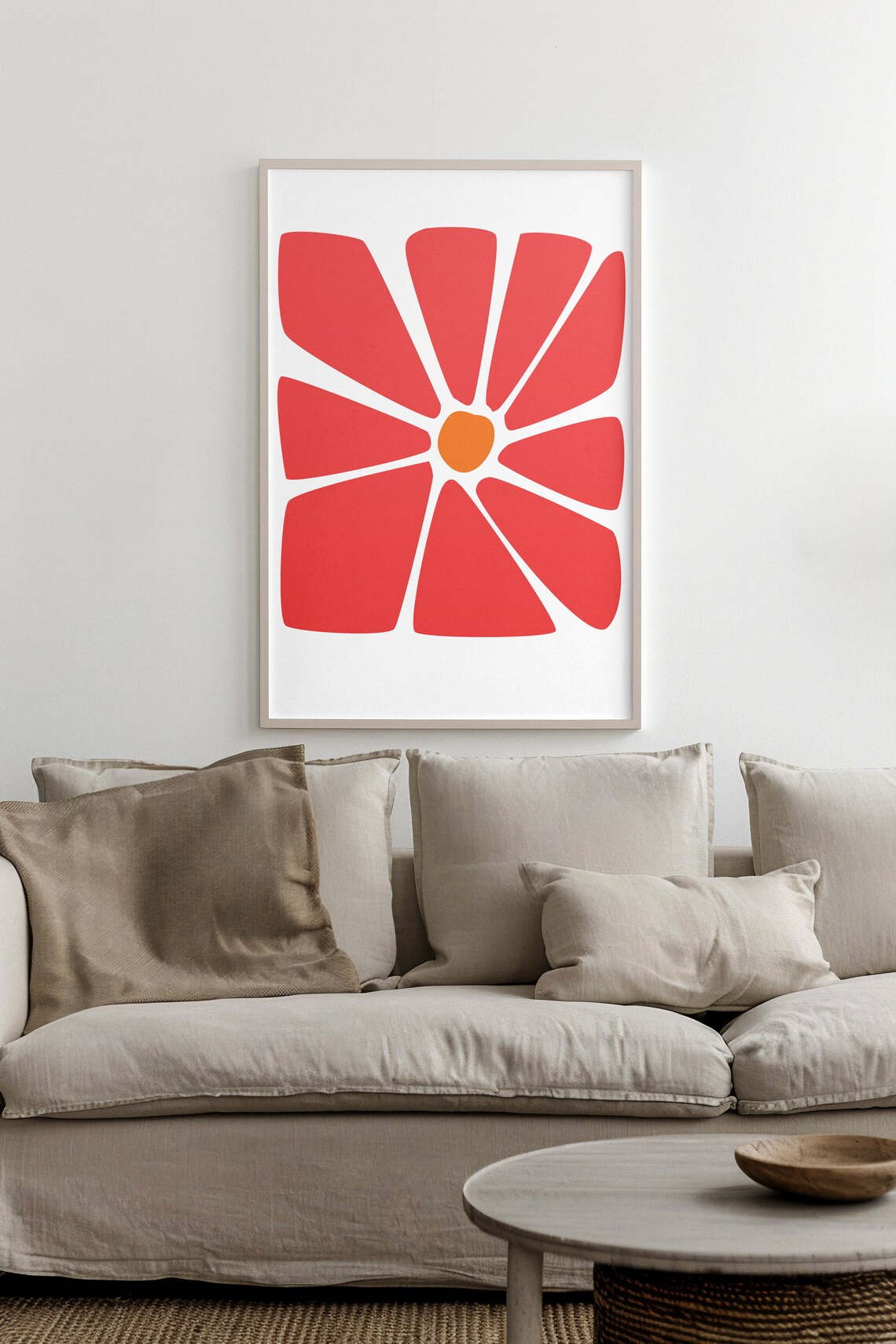 Coral Red Daisy Poster with Orange Center on Clean White Art - Image 2