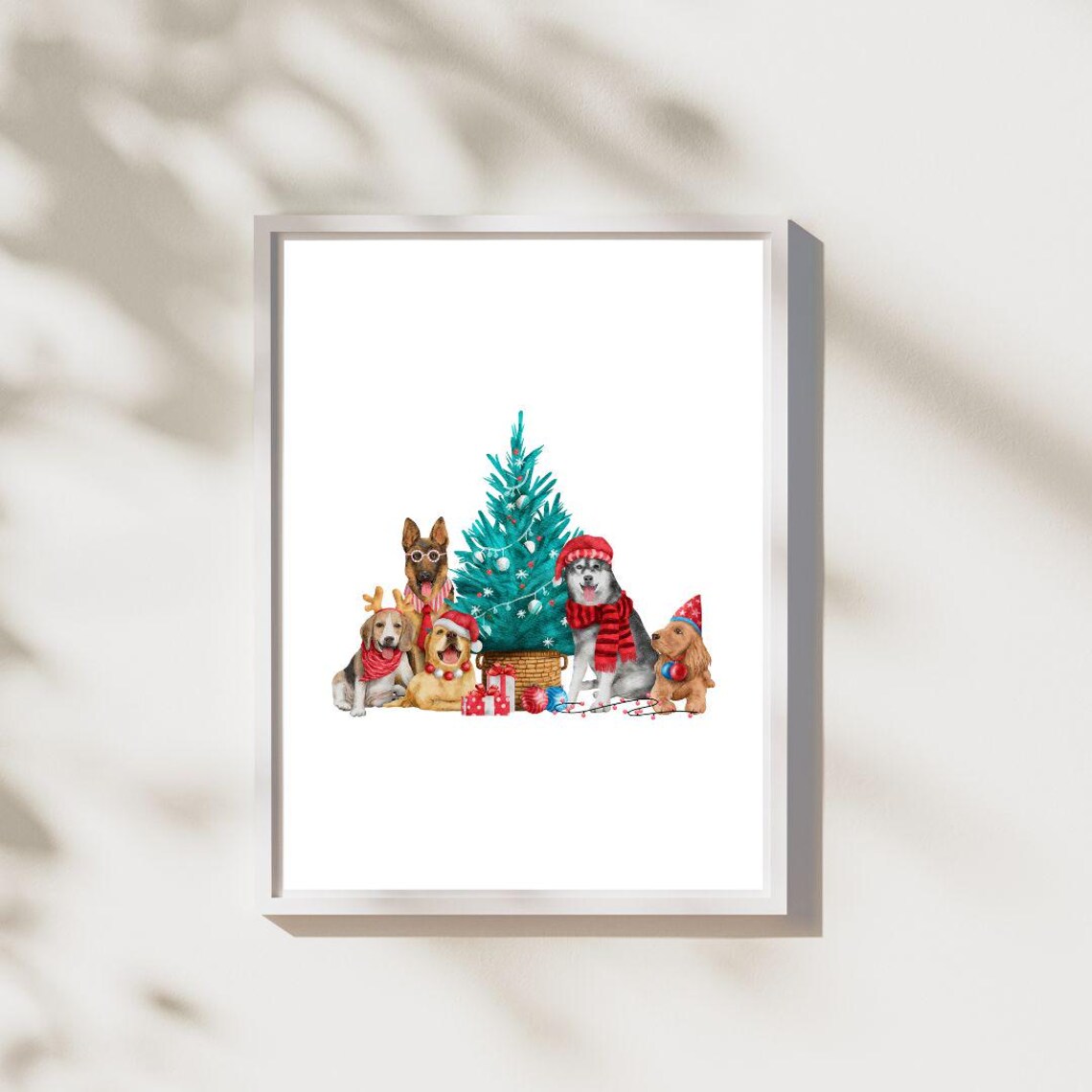 Five Cheerful Dogs Christmas Tree Watercolor Holiday Poster Art - Image 2
