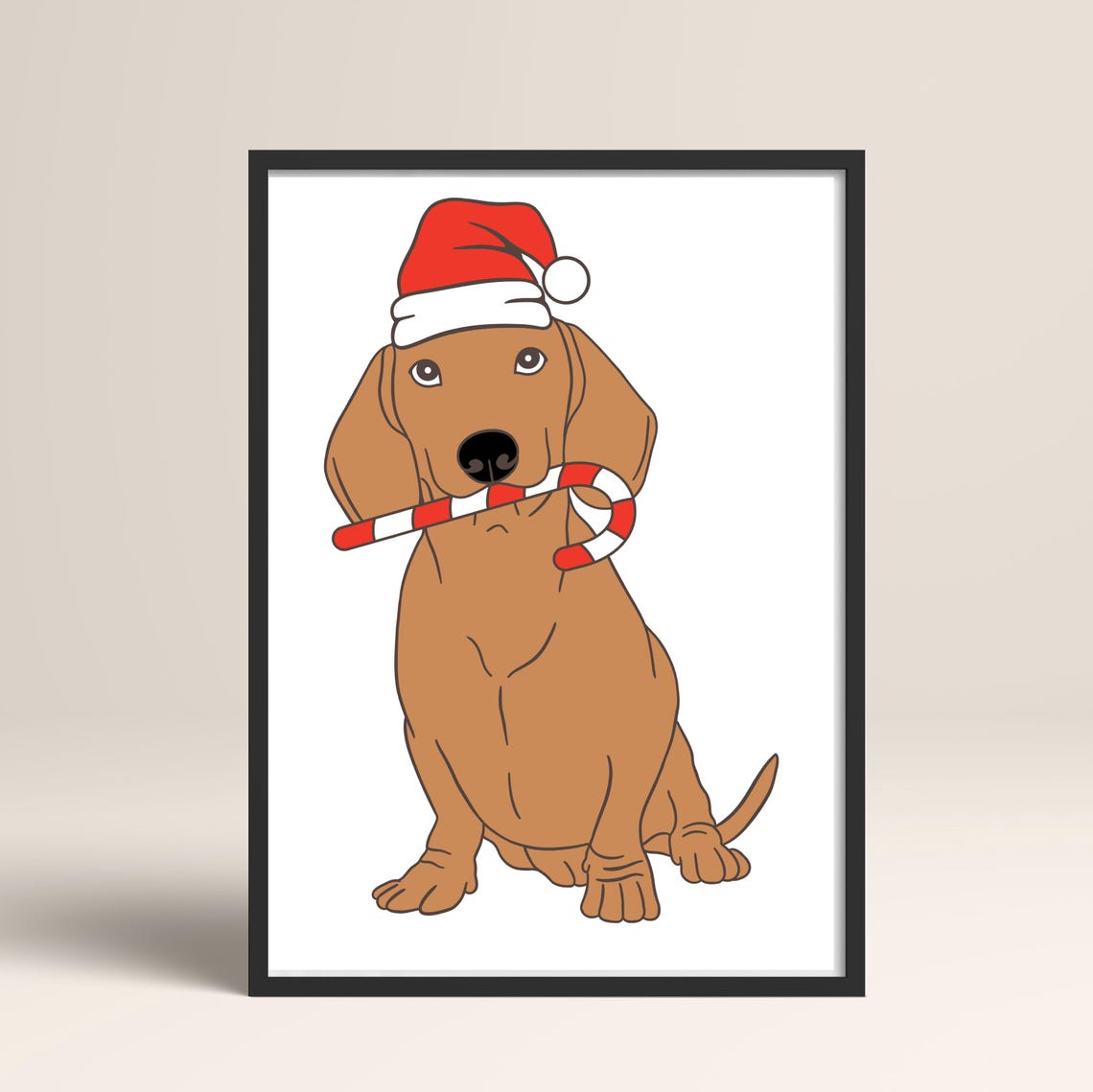 Cute Dachshund In Santa Hat Holding Candy Cane Christmas Print