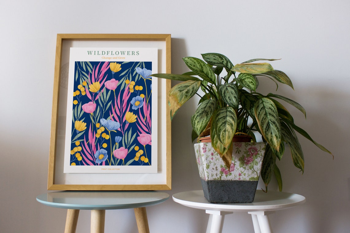 Wildflowers On Deep Navy Blue Retro Flower Market Bloom Wall Art