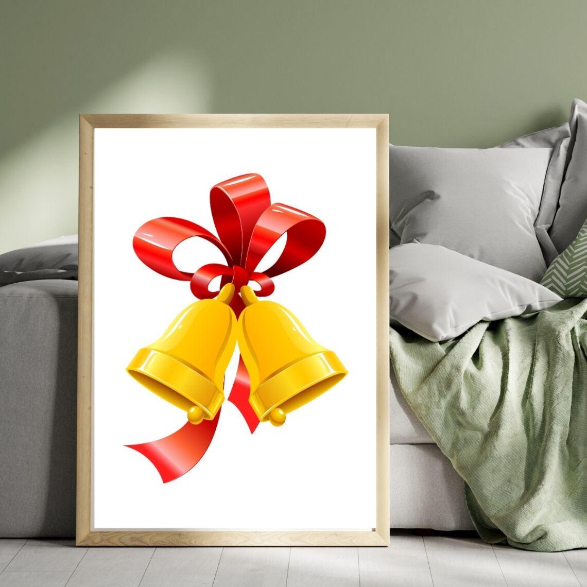 Golden Christmas Bells With Red Ribbon Bow Glossy Illustration Poster - Image 2