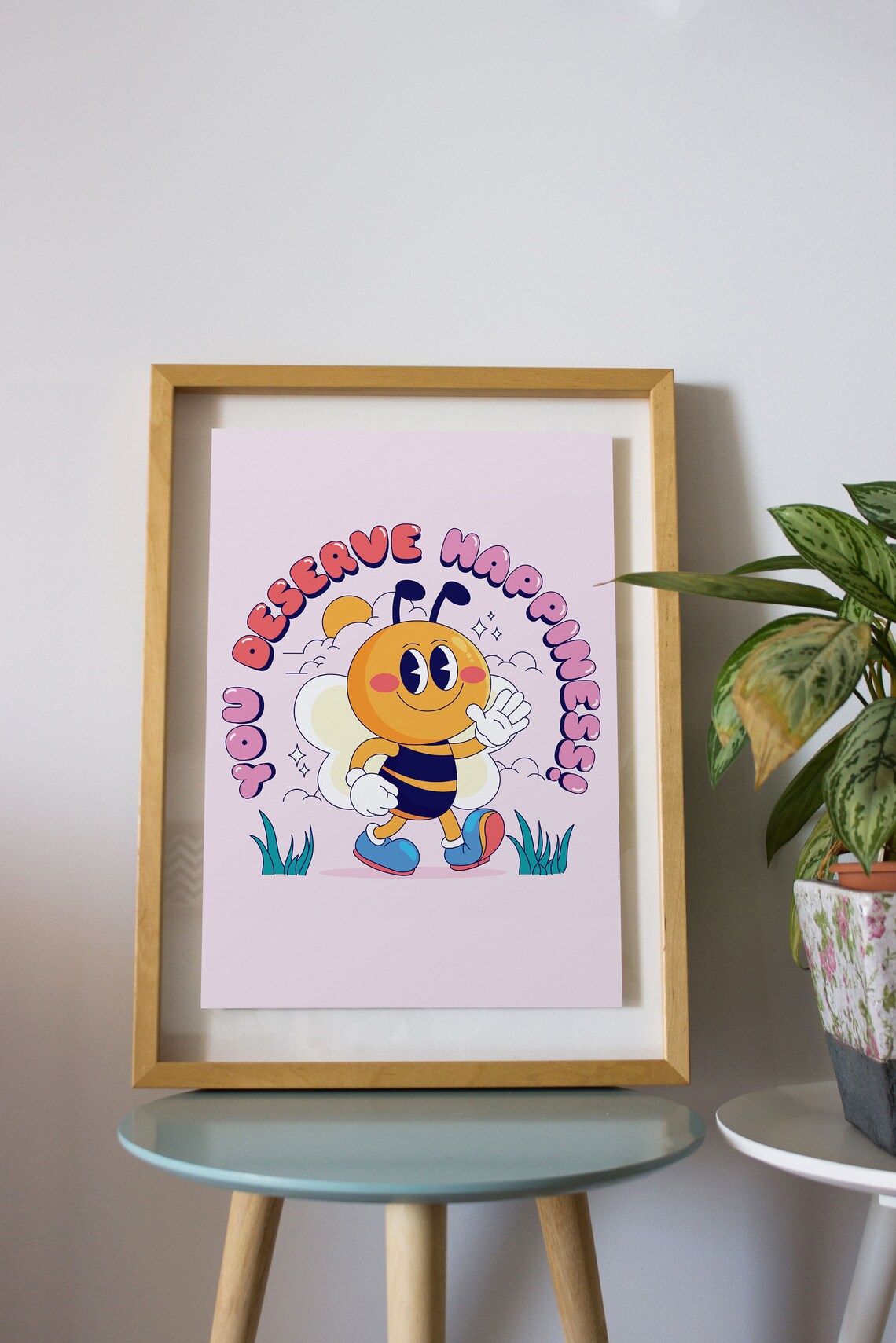 You Deserve Happiness Cute Bright Pink Bee Retro Quote Poster - Image 2