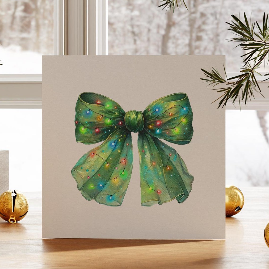 Green Ribbon Bow Wrapped in Christmas Lights Holiday Art Poster