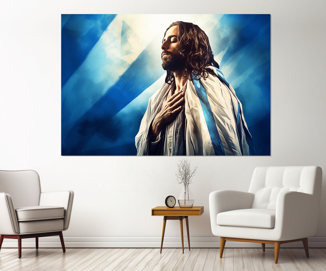 Jesus Christ Wrapped In Israeli Flag Faith Religious Blue Art Poster