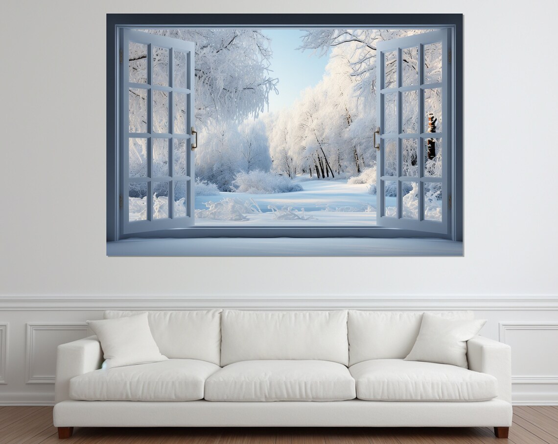 Open Window With Winter Forest View, Winter Art Print