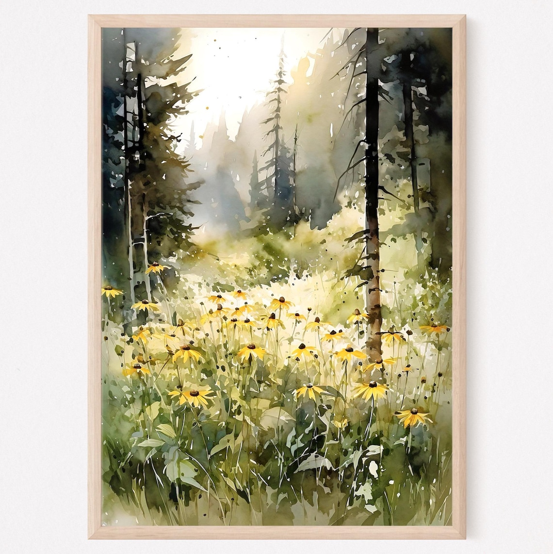 Forest Glade Watercolor Art Print, Wildflowers Scene