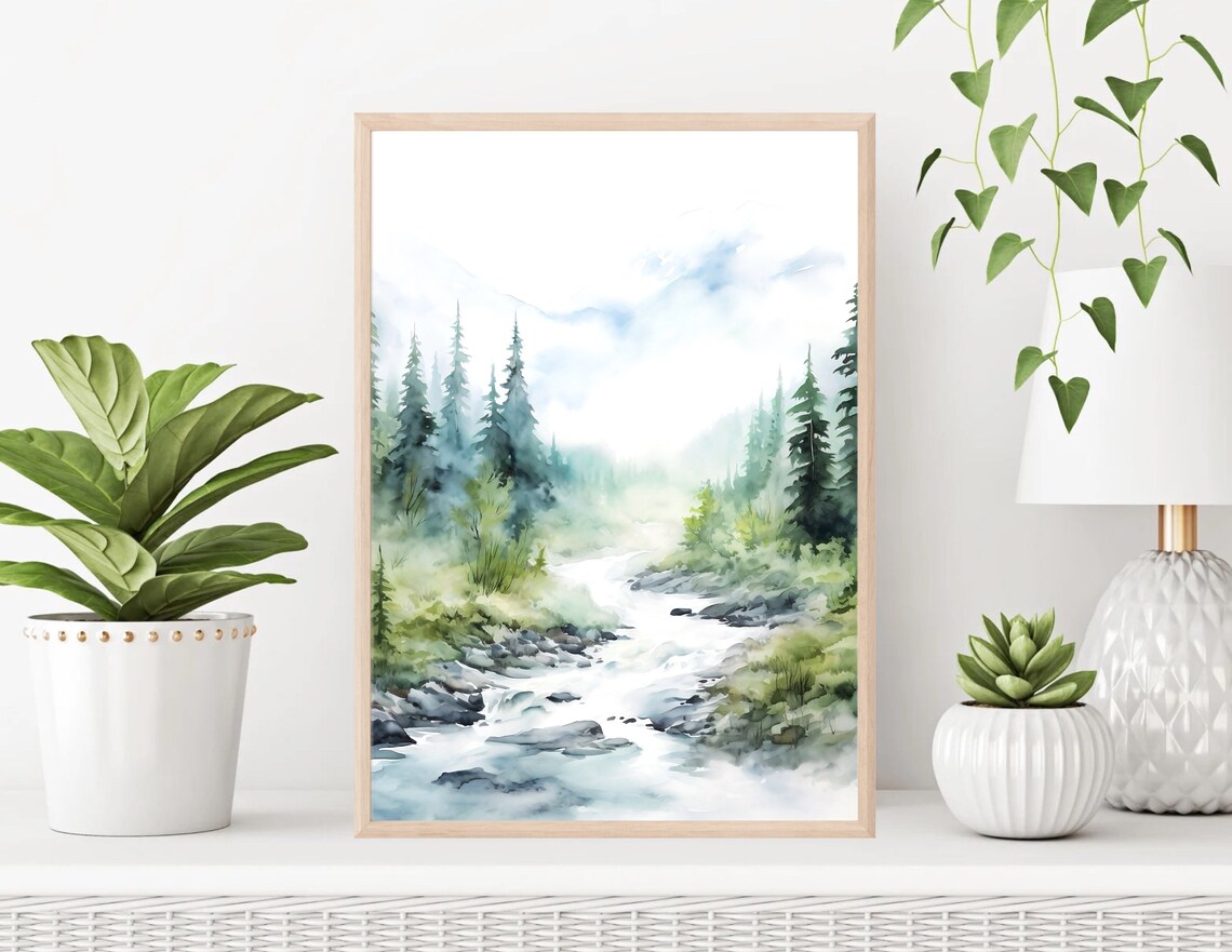 Mountain Stream Watercolor Rushing Creek Pine Forest Peaks Poster - Image 3