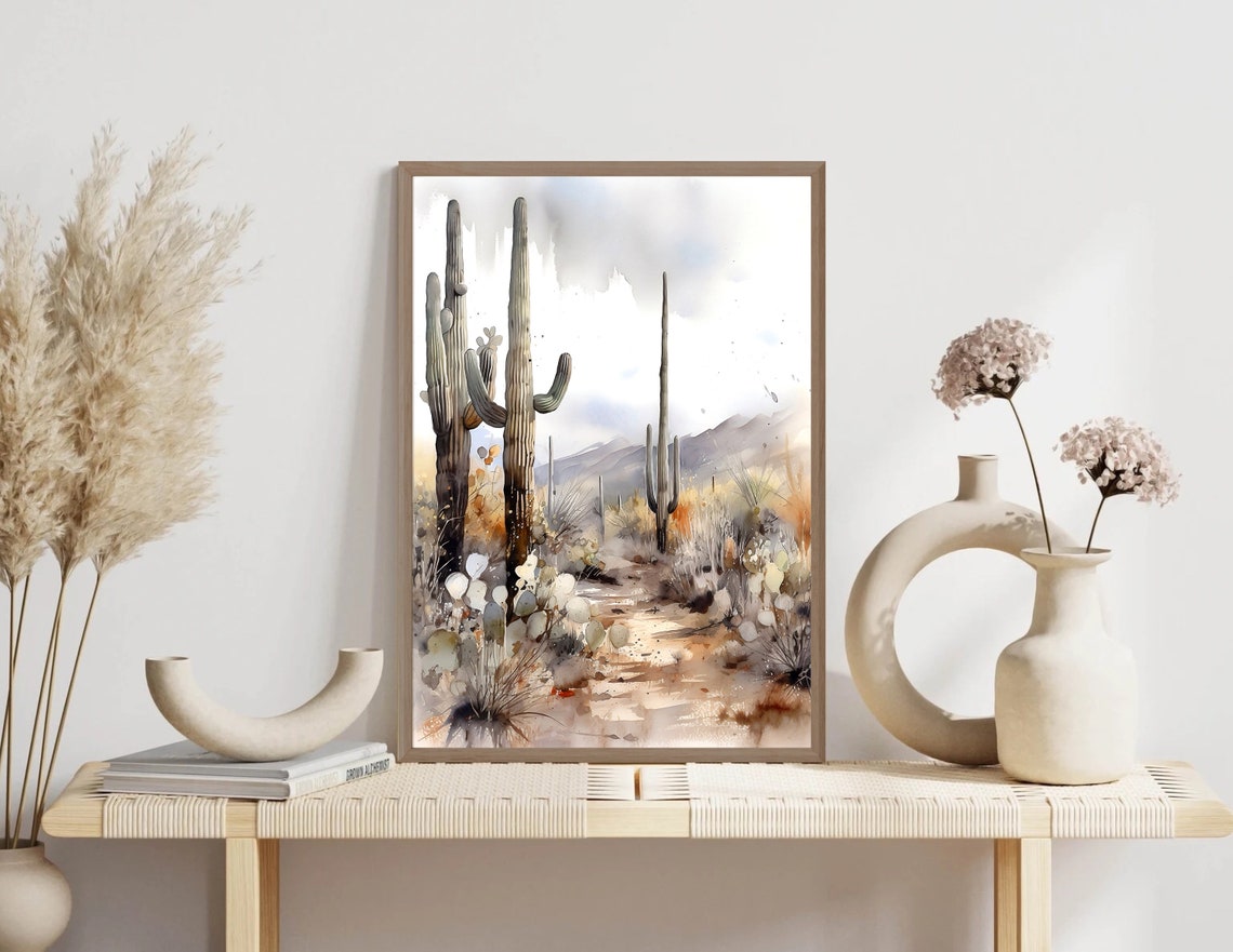 Saguaro National Park Giant Cactus Desert Path Watercolor Poster - Image 3