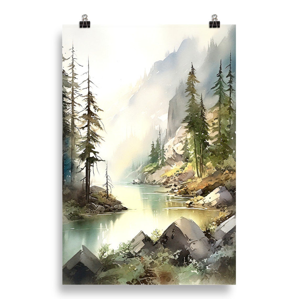Calm Alpine Lake Pine Trees Misty Peaks Sunrise Watercolor Poster - Image 5