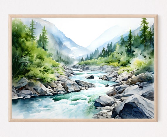 Mountain River Watercolor Landscape, Minimalist Art Print