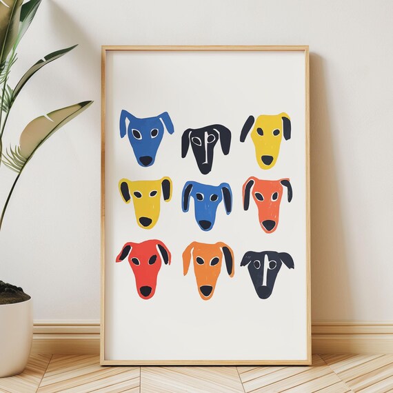 Nine Colorful Dog Heads Grid Naive Pop Art Poster Bold Wall Decor