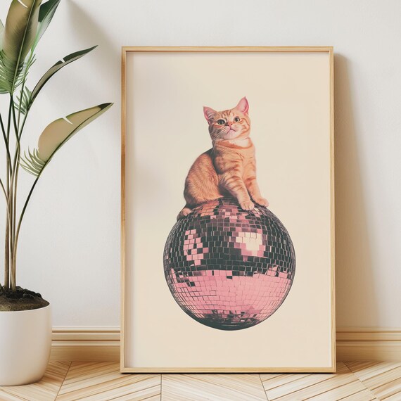 Ginger Cat Sitting On Disco Ball Cream Collage Poster Orange Cat