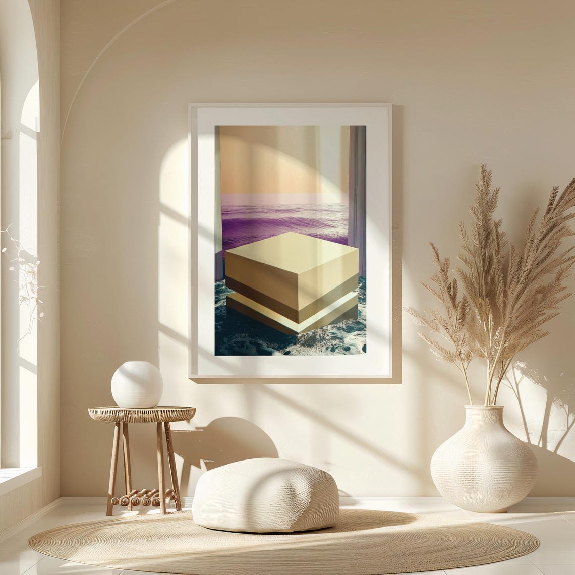 Framed Abstract Wall Art Print Sage Green Purple Modern Decor