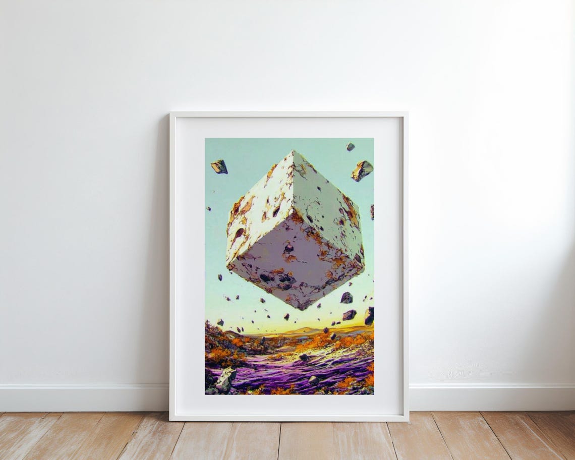 Weathered Floating Cube Above Violet Valley Surreal Art Poster