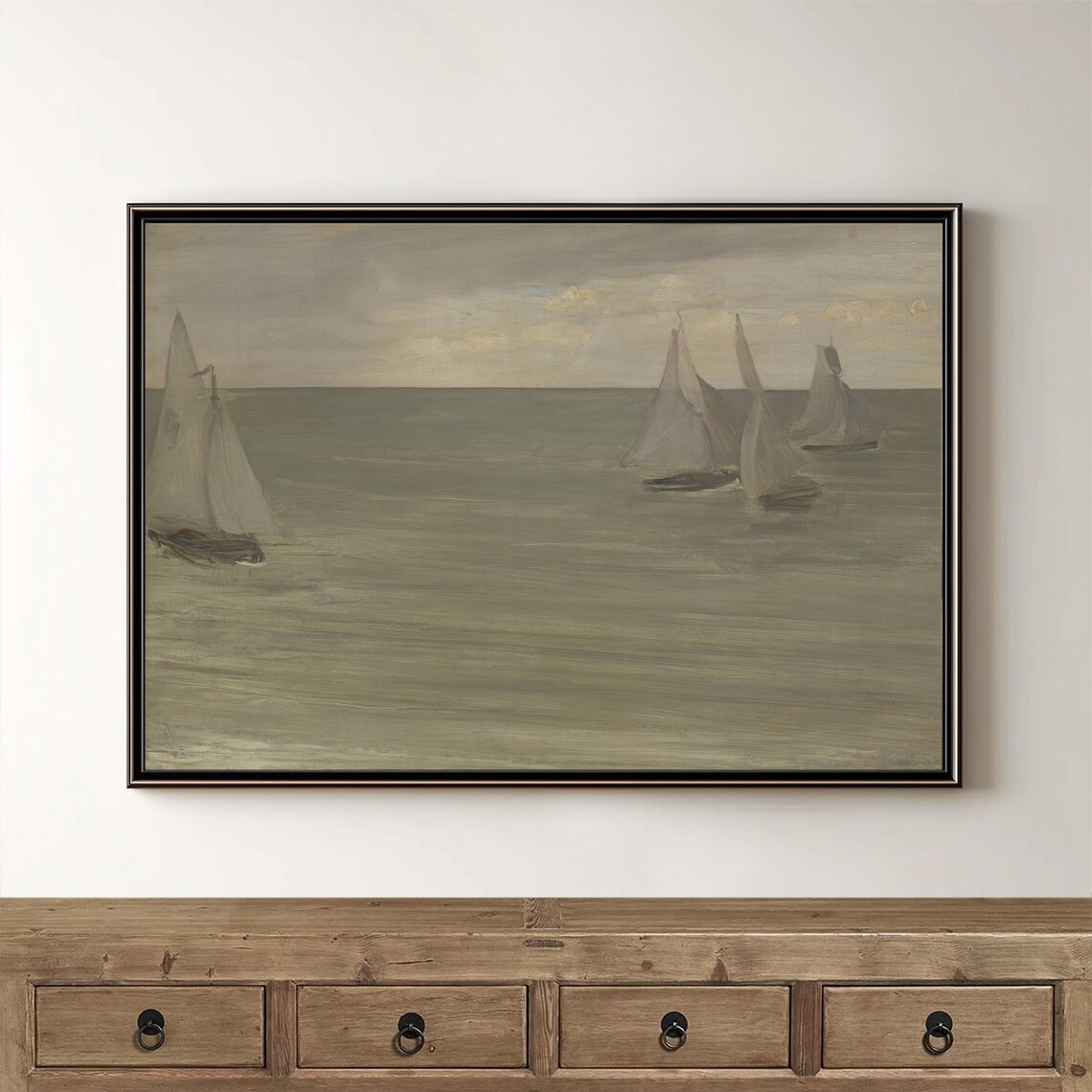 Sailboats At Sea Vintage Painting, Coastal Art Print