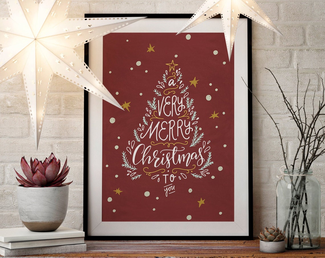 A Very Merry Christmas Hand Lettered Tree Red Gold Holiday Poster