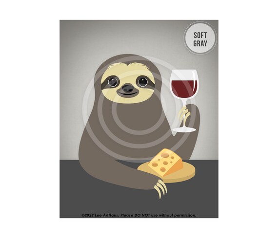 Sloth Drinking Red Wine Glass Swiss Cheese Fun Kitchen Decor Wall Poster