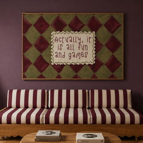 Actually Its All Fun And Games Khaki Quote Print Horizontal Above Bed Wall Art Hand Drawn Retro Checkered Typography Oil Painting Poster