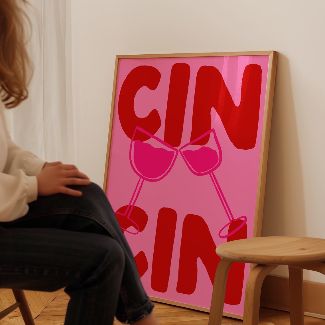 Cin Cin Cheers Clinking Wine Glasses Pink Italian Toast Art Poster - Image 3