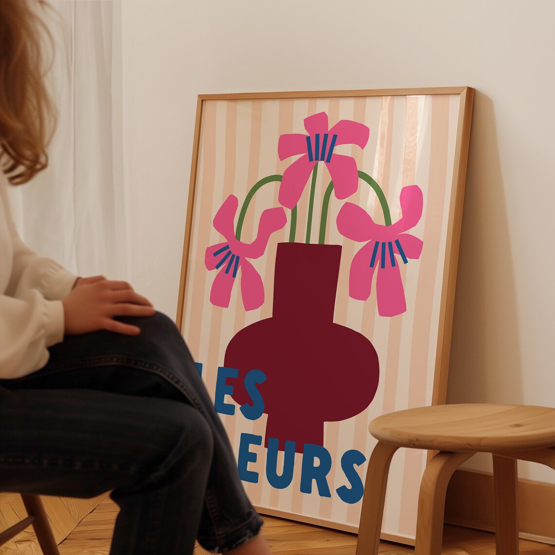 Les Fleurs Pink Flowers Burgundy Vase French Flower Market Poster - Image 3
